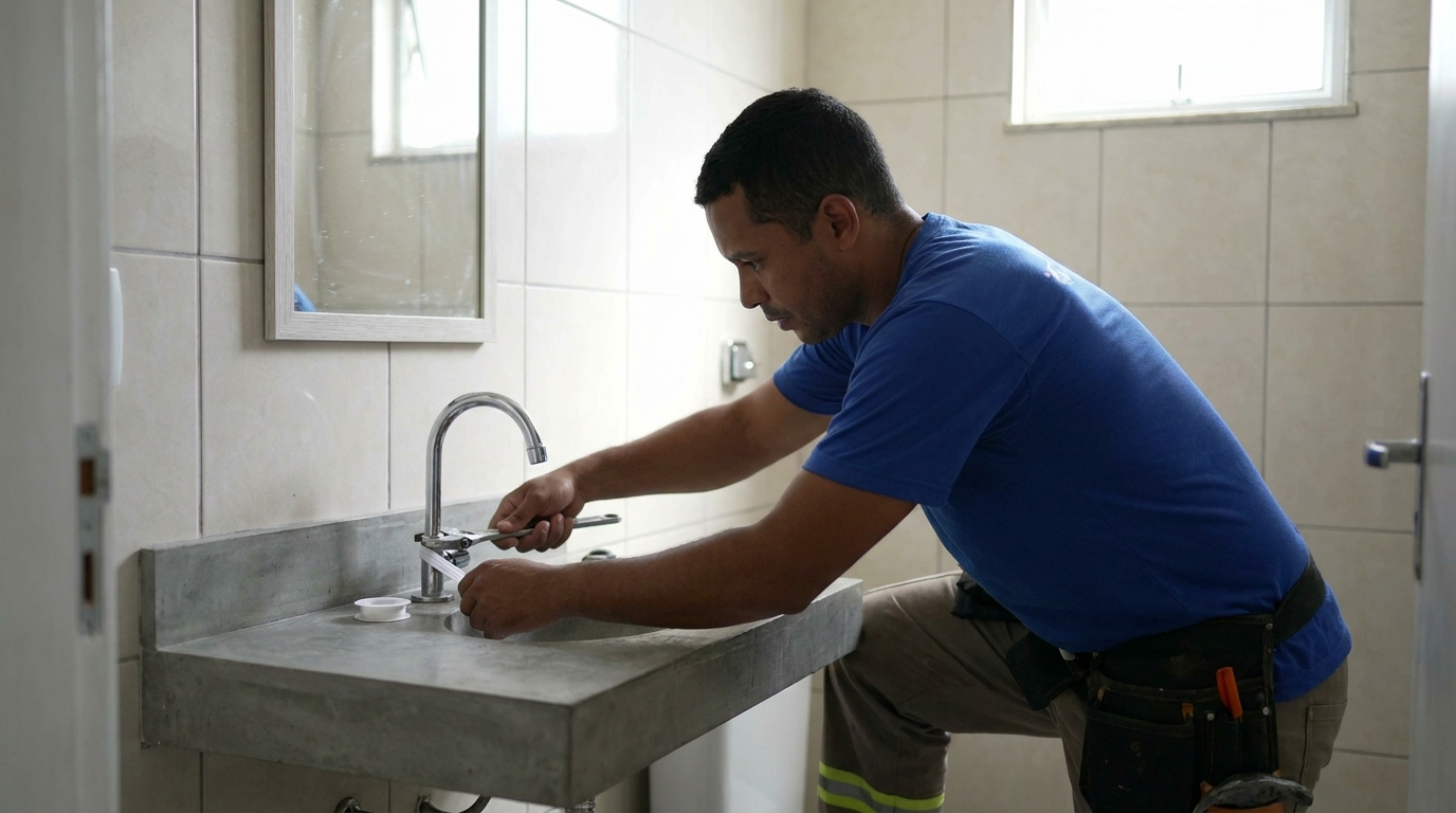 Encanador instalando torneira em Lages‑SC